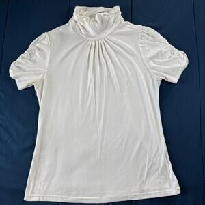 New Directions Petite White Mock Neck Puff Sleeve Top PM